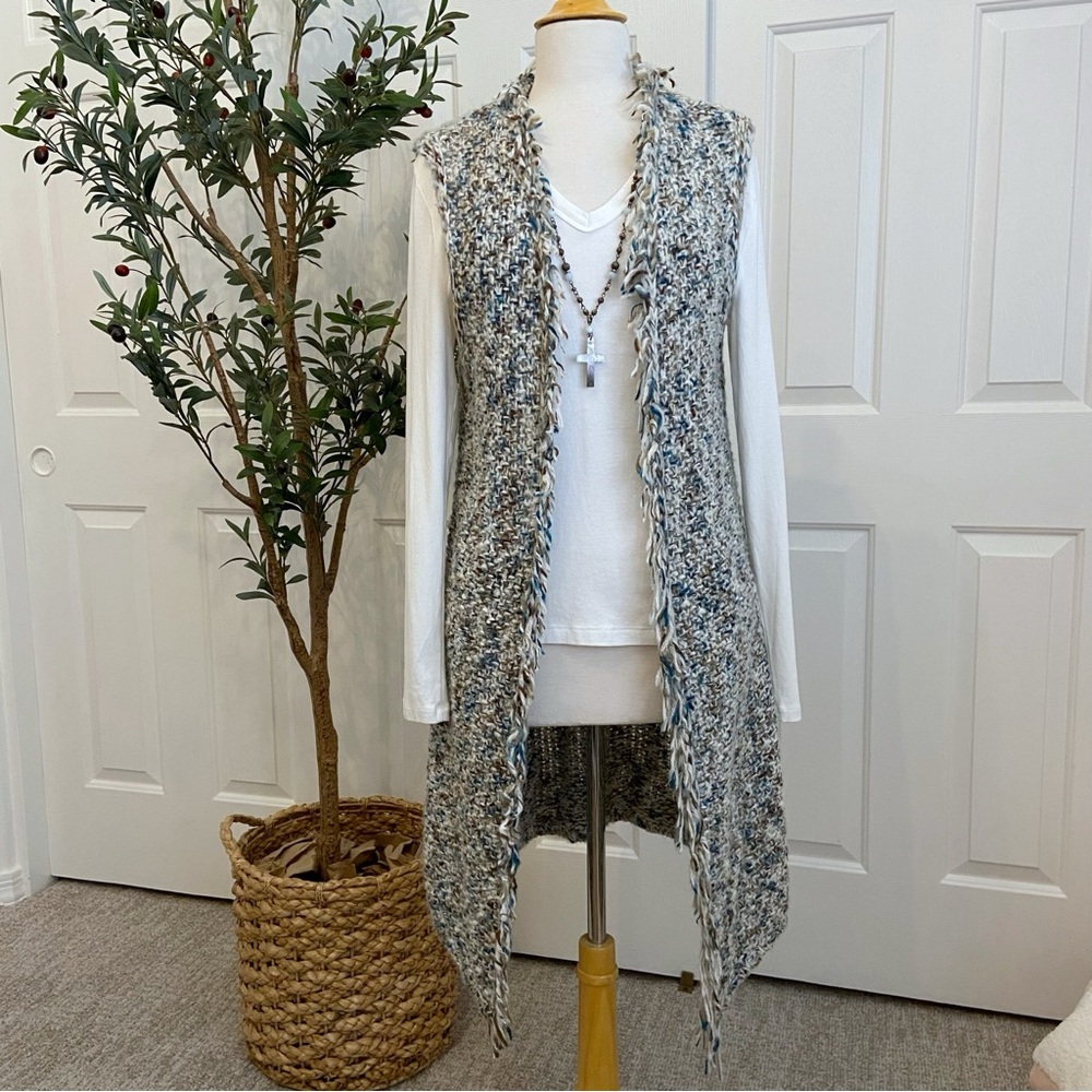 Fringe Knit Open Vest, Blues, Brown + Creamy White